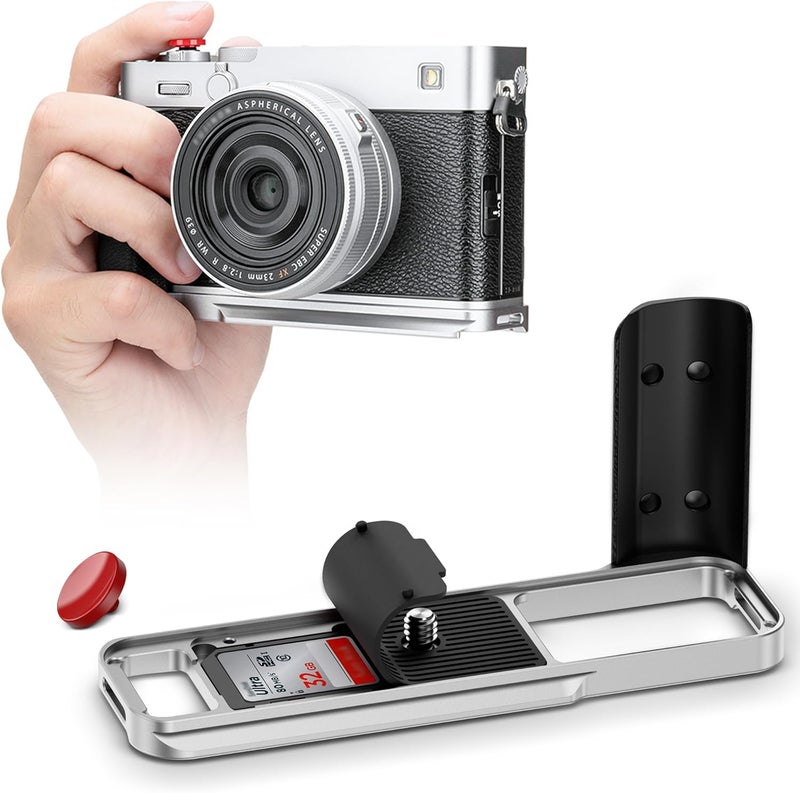 JJC X-E5 L-Shape Hand Grip with Shutter Button for Fuji Fujifilm XE5 XE-5 Handgrip Handle Compatible with Peak Design Capture Camera Clip, Built-in SD Card Slot & Arca Quick Release Design -Silver(NO SD) - Image 1
